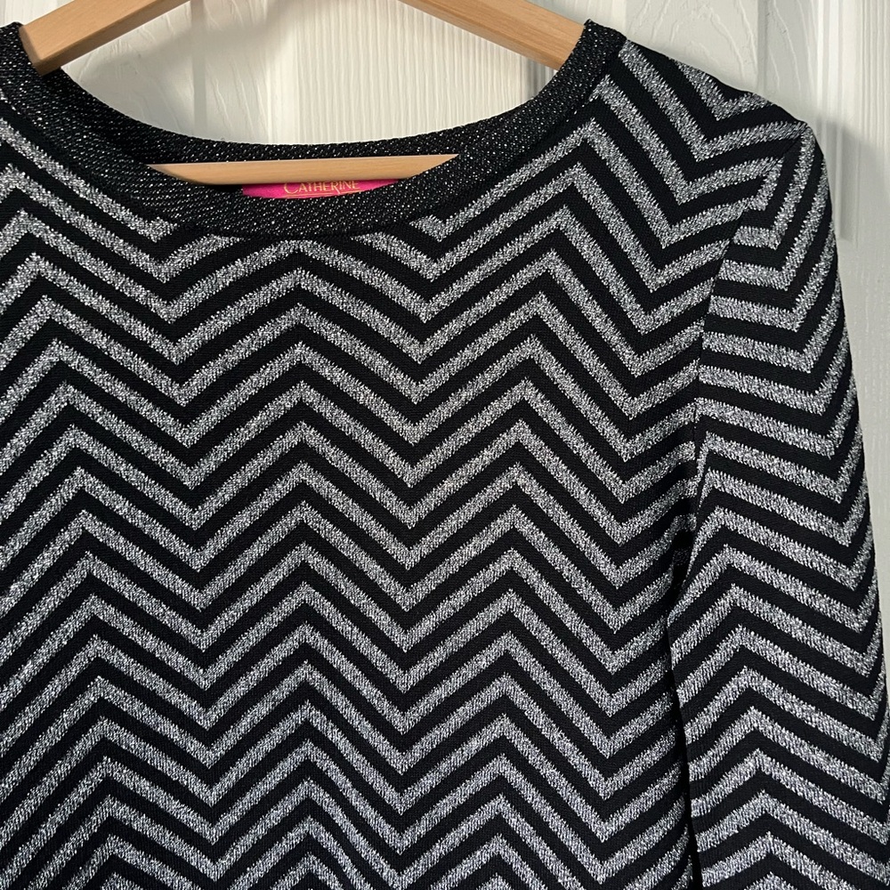 Catherine Malandrino Black and Silver Chevron Mini Sweater Dress